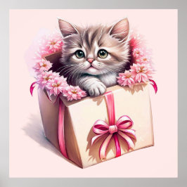 Póster Gatito Adorable en una caja regalo de cumpleaños