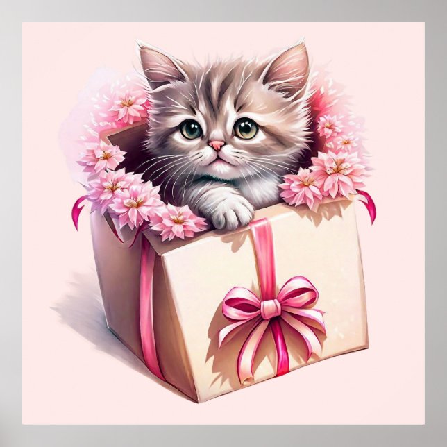 Póster Gatito Adorable en una caja regalo de cumpleaños (Frente)