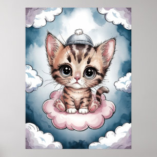 Póster Gatito Adorable en una Nube - Acuarela Adorable