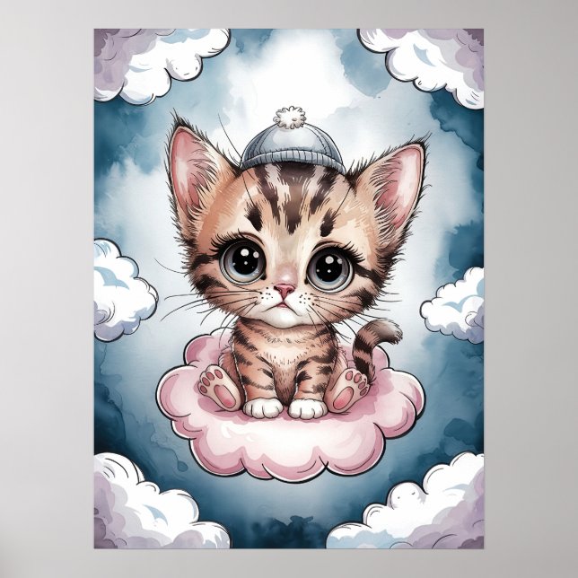 Póster Gatito Adorable en una Nube - Acuarela Adorable (Frente)