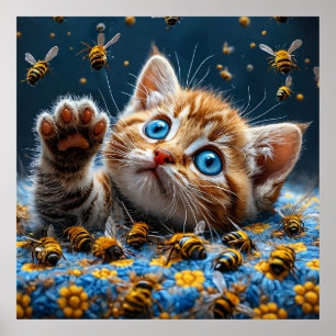 Póster Gatito Adorable Interactuando con Abejas
