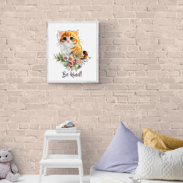 Póster Gatito adorable mirando hacia arriba con flores de