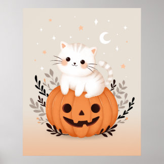 Póster Gatito Adorable Sentado Sobre Calabaza Moderno Hal