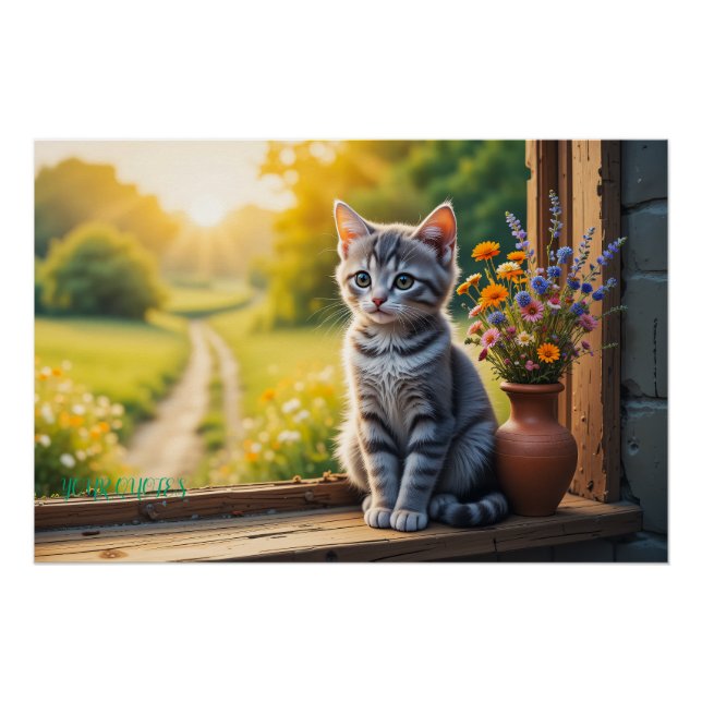 Póster Gatito Atigrado Adorable junto a la Ventana con Fl (Anverso)