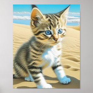 Póster Gatito atigrado gris de IA jugando en una playa ar