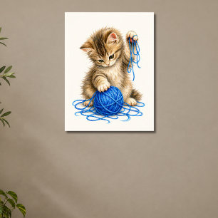 Póster Gatito atigrado lindo jugando con hilo azul