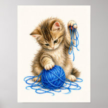 Gatito atigrado lindo jugando con hilo azul