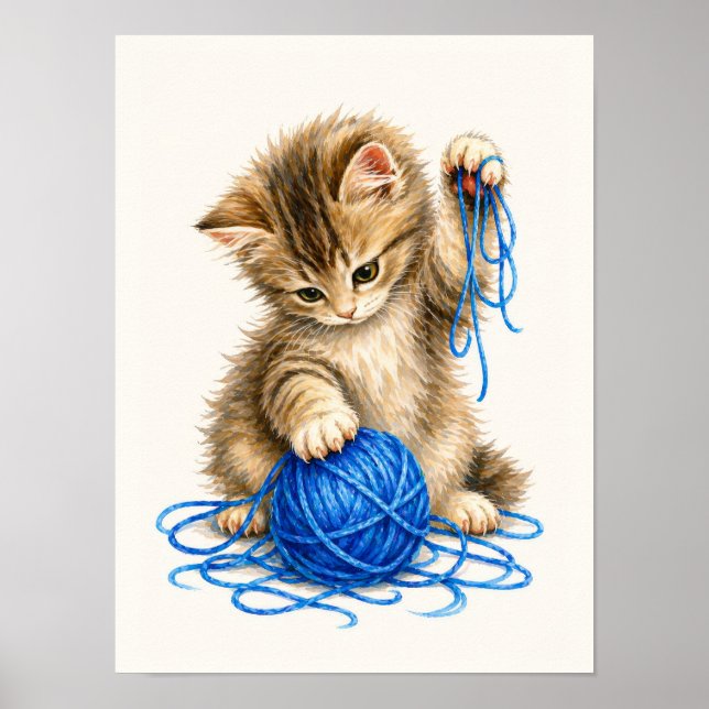Póster Gatito atigrado lindo jugando con hilo azul (Frente)