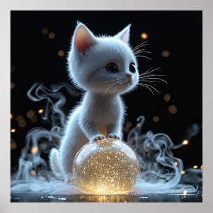 Póster Gatito blanco adorable con brillo místico