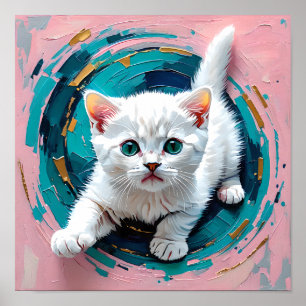 Póster Gatito blanco adorable en remolino de turquesa