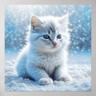 Póster Gatito blanco pequeño en Navidad de nieve