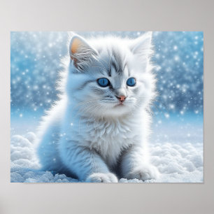 Póster Gatito blanco pequeño en Navidad de nieve