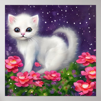 Póster Gatito blanco rodeado de flores