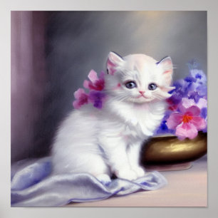 Póster Gatito blanco vintage con flores rosadas y moradas