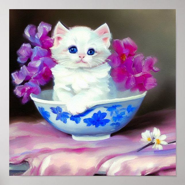 Póster Gatito blanco vintage con flores rosas (Frente)