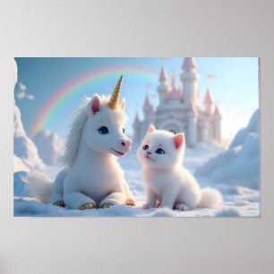 Póster Gatito blanco y unicornio adorables