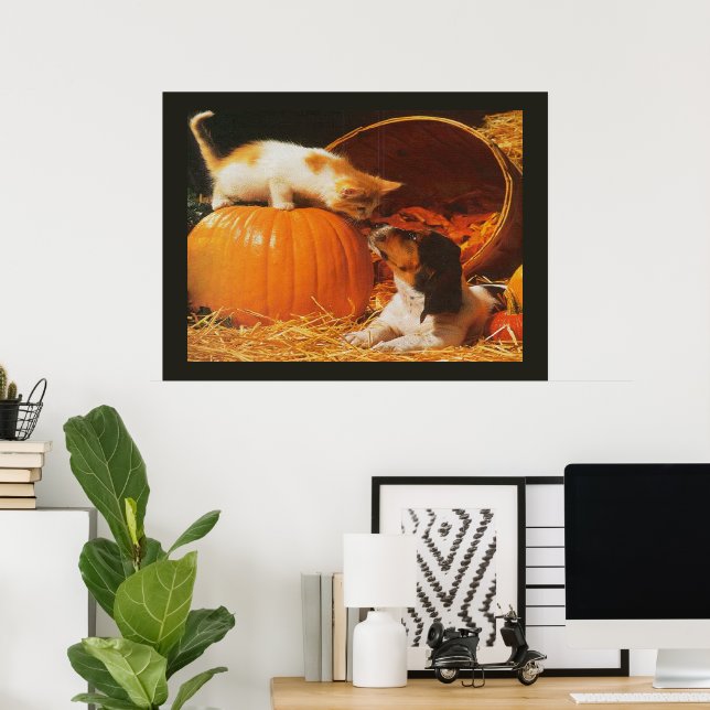 Póster Gatito, calabaza y estampado de cachorro (Oficina en casa)