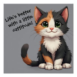 Póster Gatito Calico Caprichoso con Actitud de Gato