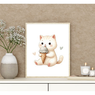 Póster Gatito caprichoso de acuarela con cono de helado