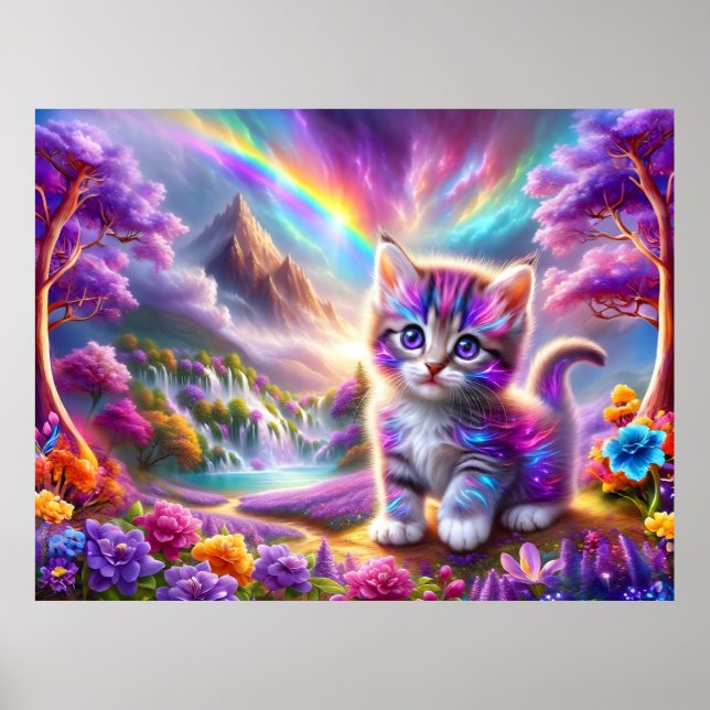 Póster Gatito caprichoso en un paisaje fantástico surreal (Frente)