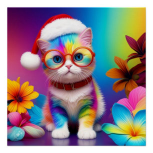 Póster Gatito color arcoiris como Santa Claus-57357