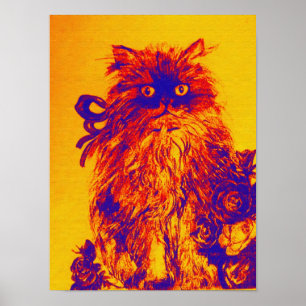 Póster GATITO CON ROSAS ,Amarillo Naranja Azul