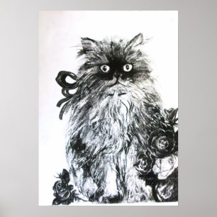 Póster GATITO CON ROSAS ,Blanco y Negro