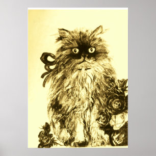 Póster GATITO CON ROSAS ,Marrón Amarillo y Blanco