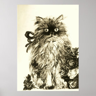 Póster GATITO CON ROSAS ,Marrón y Blanco