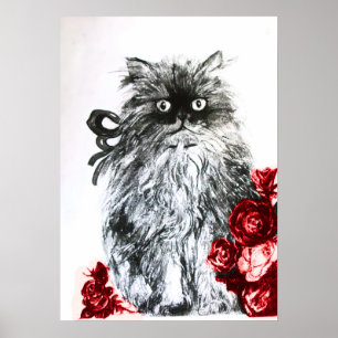Póster GATITO CON ROSAS, Negro Rojo y Blanco