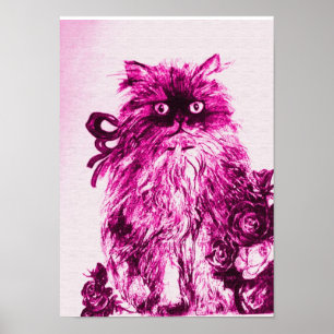 Póster GATITO CON ROSAS, Rosa Fucsia Blanco