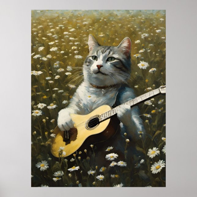 Póster Gatito Cute Jugando Guitarra Acústica (Frente)