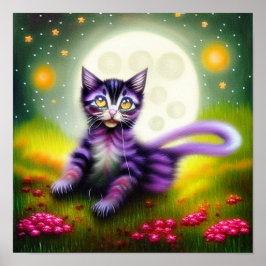 Póster Gatito de fantasía y luna