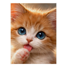 Gatito de ojos azules lamiendo su pata