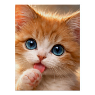 Póster Gatito de ojos azules lamiendo su pata