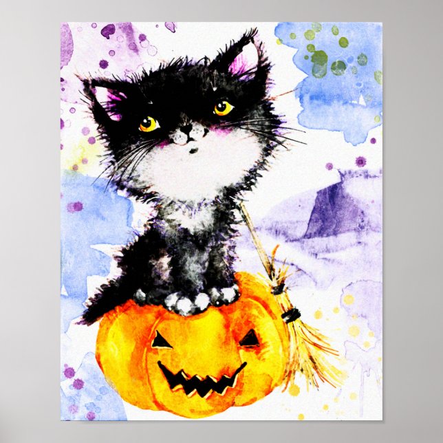 Póster Gatito de Tuxedo sobre calabaza (Frente)
