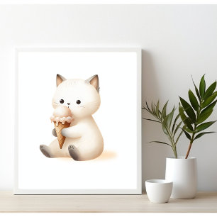 Póster Gatito Dulce y Alegre con Cono de Helado