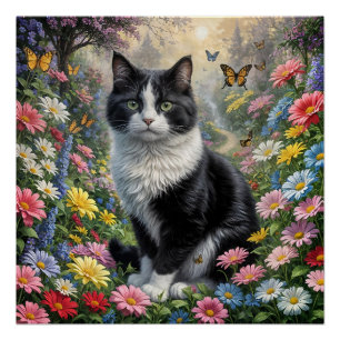 Póster Gatito en el jardín de flores