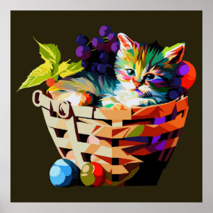 Póster Gatito en una cesta de fruta
