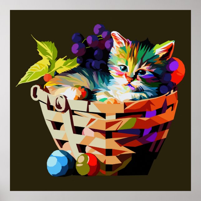 Póster Gatito en una cesta de fruta (Frente)