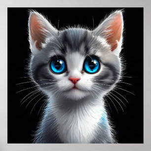 Póster Gatito gris adorable con ojos azules llamativos