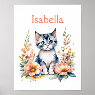 Póster Gatito gris personalizado en flores rosadas