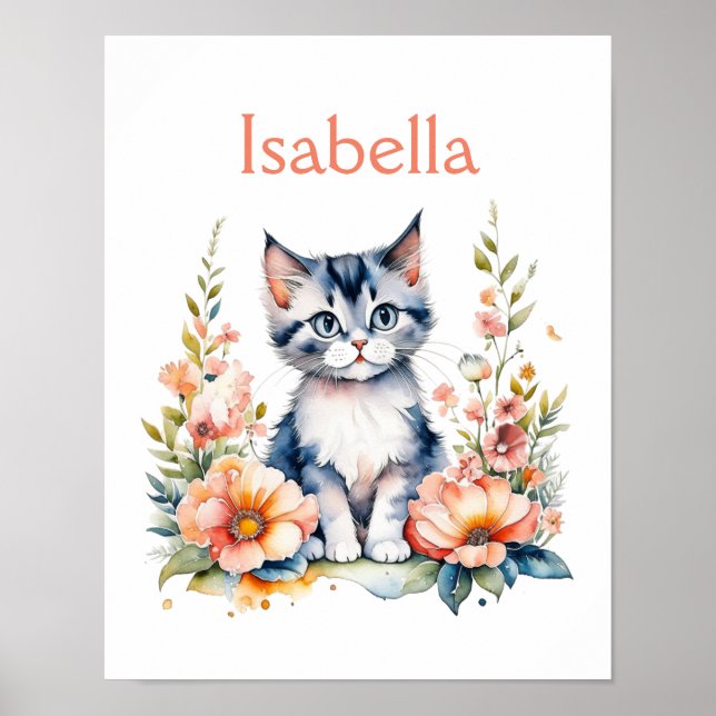 Póster Gatito gris personalizado en flores rosadas (Frente)