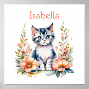 Póster Gatito gris personalizado en flores rosadas