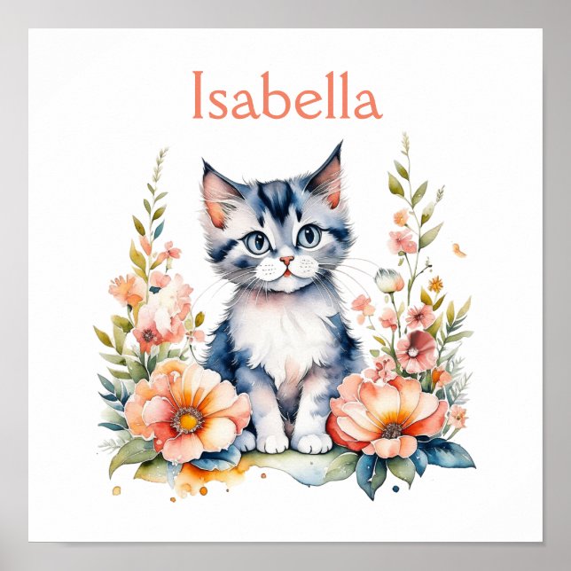 Póster Gatito gris personalizado en flores rosadas (Frente)