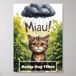 Póster Gatito húmedo y triste lindo en charco de lluvia M