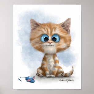 Póster Gatito Jengibre con Dibujo Animado de Ratón
