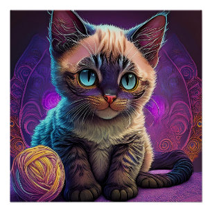 Póster Gatito Joven De Ojos Azules Con Bola De Hilo