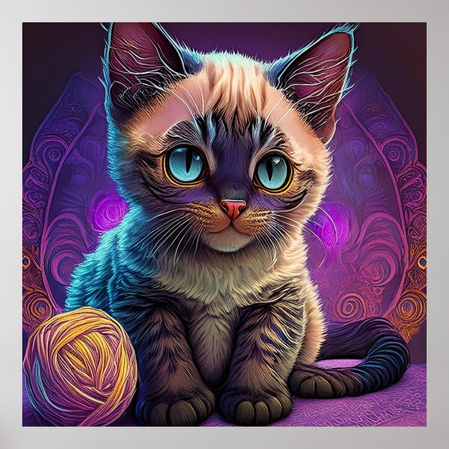 Póster Gatito Joven De Ojos Azules Con Bola De Hilo (Frente)
