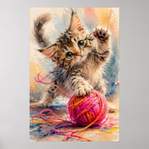 Gatito jugando con hilo rosa Amante de los gatos